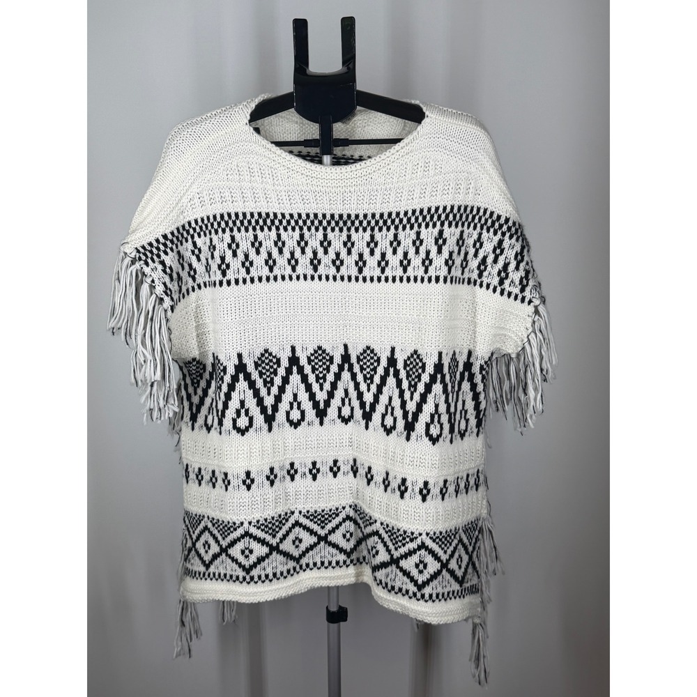 Veronne Womens One Size Geometric Fair Isle Fringe Poncho Sweater White Black